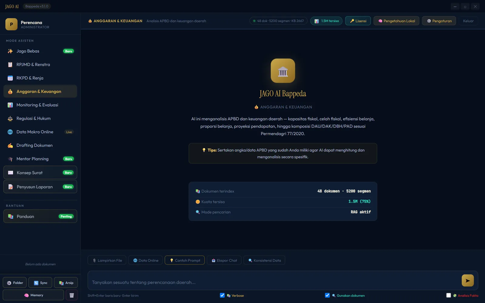 Mode Anggaran dan Keuangan di JAGO AI Bappeda dengan penjelasan cakupan analisis APBD dan tips menyertakan data APBD.