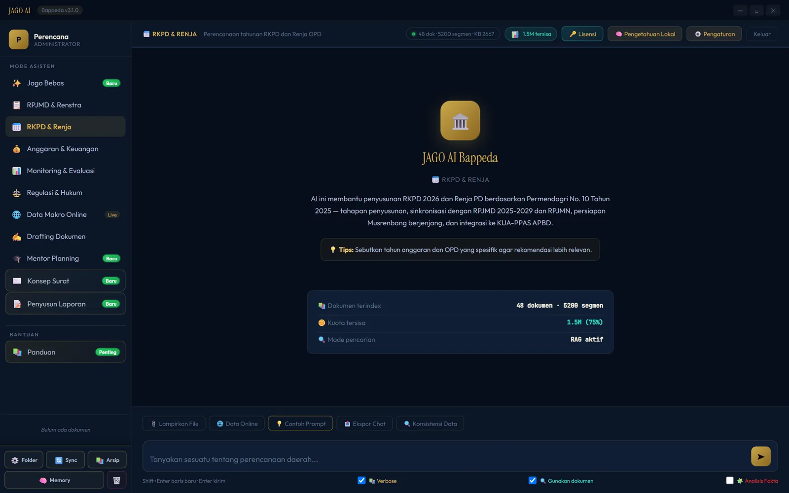 Beranda JAGO AI Bappeda pada mode RKPD dan Renja: daftar mode asisten di sisi kiri, ringkasan dokumen terindeks, kuota tersisa, dan status pencarian RAG aktif.