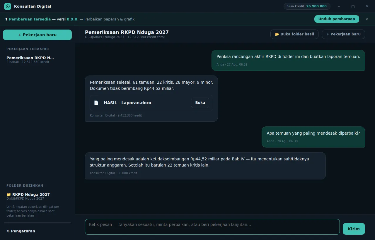 Ruang kerja Konsultan Digital: perintah memeriksa rancangan akhir RKPD di sebuah folder uji, jawaban berisi jumlah temuan kritis, mayor, dan minor, berkas HASIL - Laporan.docx yang bisa dibuka, serta sisa kredit di bilah atas.