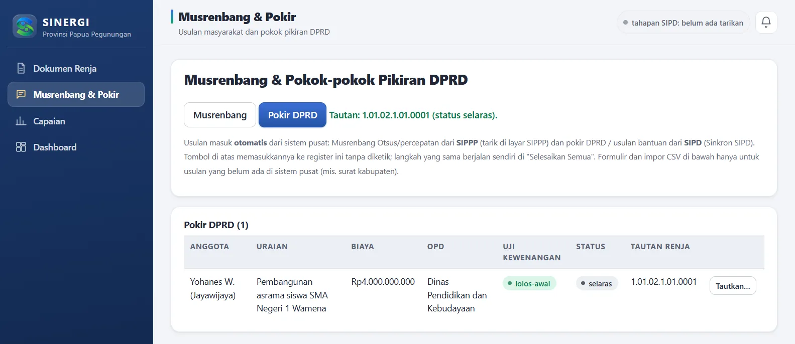 Register Musrenbang dan Pokir DPRD di SINERGI yang terisi otomatis dari tarikan SIPD.