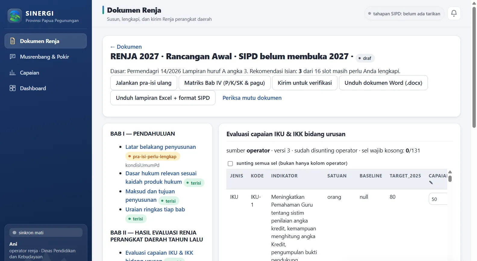 Dokumen Renja 2027 di SINERGI: bab dan sub-bab terisi dari RPJMD, Renstra, SPM, dan IKK dengan rekomendasi isian.
