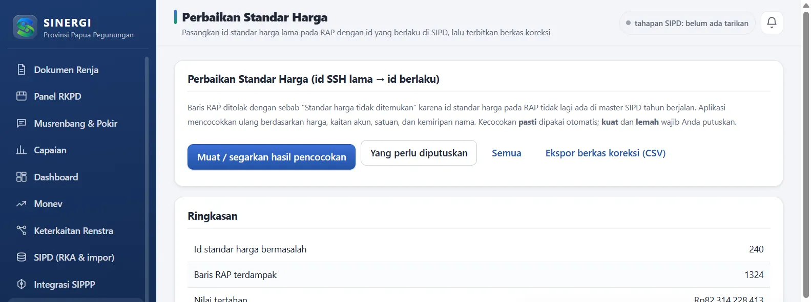 Perbaikan Standar Harga: baris RAP yang menyimpang dipisahkan menjadi pasti, kuat, dan lemah.