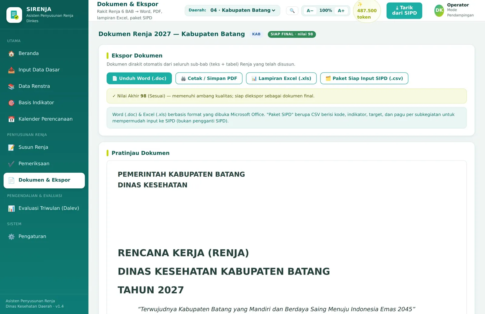 Menu Dokumen dan Ekspor: tombol Unduh Word, Cetak atau Simpan PDF, Lampiran Excel, dan Paket Siap Input SIPD, dengan pratinjau dokumen Renja.